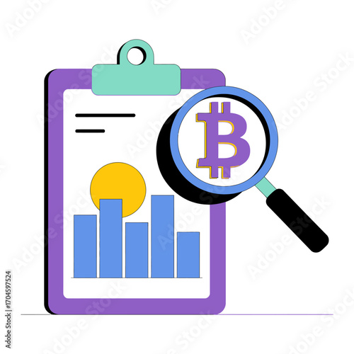 A vibrant infographic presenting a Bitcoin data report, enhanced with a magnifying glass to emphasize analysis of cryptocurrency statistics and market performance metrics carefully.