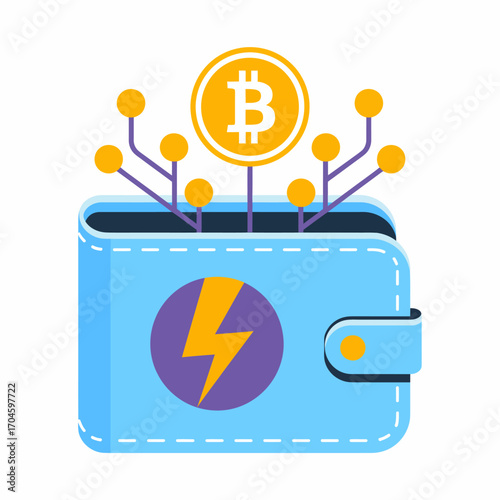 This image features a modern digital wallet graphic, adorned with Bitcoin symbols and connecting lines, representing cryptocurrency transactions in a sleek and trendy manner.