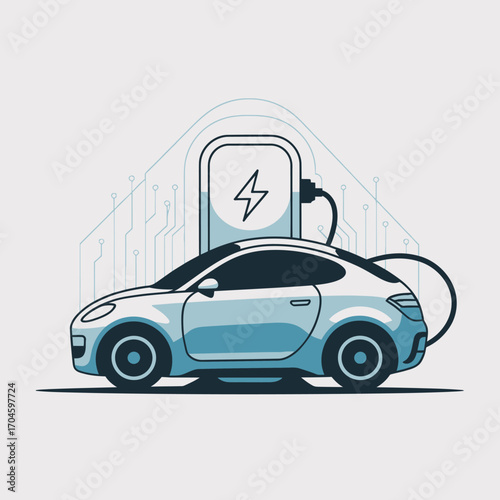 This artistic image features an electric vehicle plugged into a charging station, complemented by circuit-like designs, representing the harmonic relationship of technology and transportation.