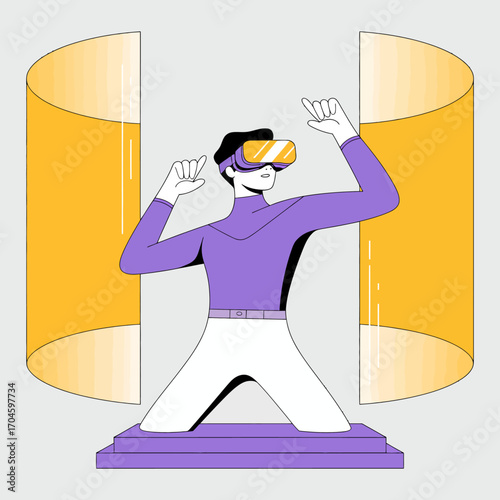 A kneeling figure in a VR headset shows excitement and joy in a virtual setting, emphasizing the emotional connection people can have with immersive technology.