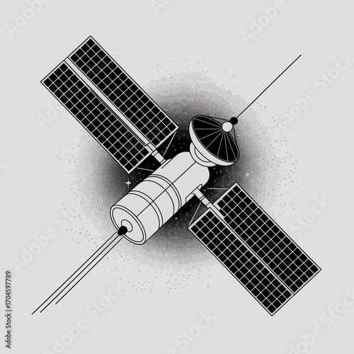 This image features a stylized satellite with solar panels, capturing the essence of space exploration and technology with a unique black and white artistic approach.