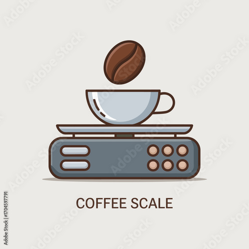 A creative design of a coffee scale with a cup and a coffee bean hovering above, emphasizing the connection between precision and the art of coffee brewing.
