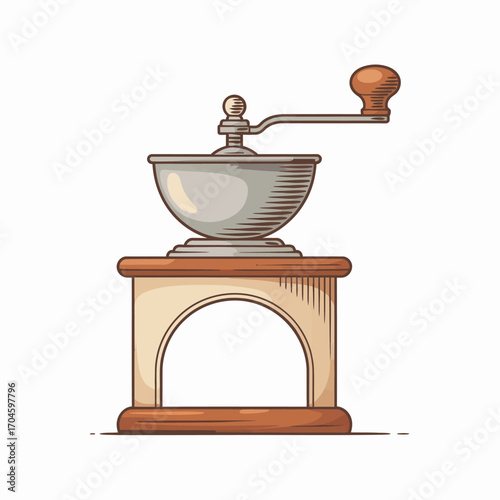 An elegant classic coffee grinder with a stunning wooden base showcases intricate design details, capturing the essence of timeless craftsmanship and the ritual of coffee preparation.