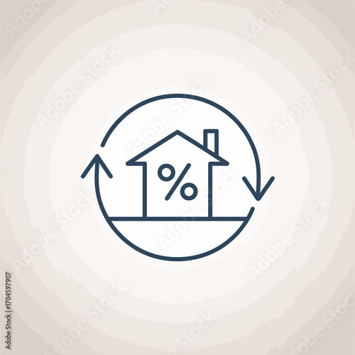 An icon showcasing a stylized house combined with a percentage symbol, illustrating themes of real estate, economic value, and market trends within home ownership.