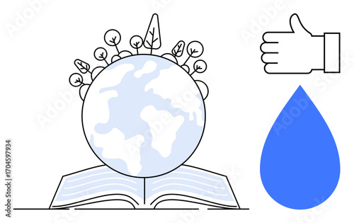 Earth with growing plants atop an open book, blue water drop, and a hand gesture thumbs up. Ideal for sustainability, education, environmental protection, ecology, conservation, awareness simple