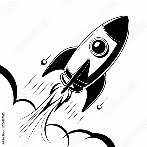 A rocket ascends rapidly, leaving behind flames and smoke, exemplifying the thrill of human ingenuity in space travel and the drive for scientific discovery and adventure.