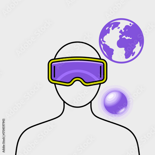 A user in a virtual reality headset interacts with a globe and energy sphere, representing the merging of digital exploration with a global connectivity theme and human engagement.