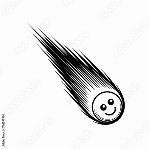 A vibrant illustration of a comet with a friendly, smiling face that captures the motion of flying through the cosmos, surrounded by whimsical trailing lines and a lively atmosphere.