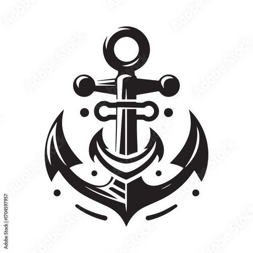 Stylized Black Nautical Anchor Emblem with Waves and Dots on a White Background maritime ocean