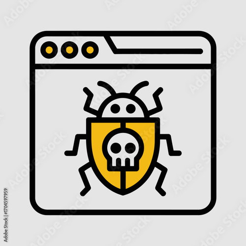 An illustrative representation of a web page displaying a bug shield featuring a skull, symbolizing cyber threats and malware protection in the digital environment.