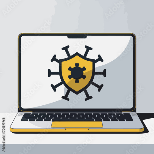 This image depicts a laptop showing a shield with a virus symbol, representing cybersecurity measures for protecting devices against online threats and digital attacks.