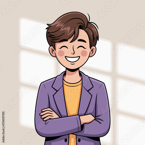 A confident boy stands smiling with crossed arms, conveying self-assurance and positivity, making this an ideal representation of childhood spirit and individuality in visuals.