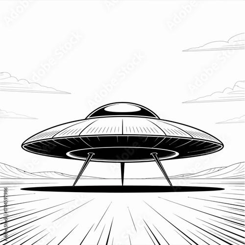 In this minimalist design, a UFO is showcased under a vast skyline, emphasizing its sleek features and arousing curiosity about its extraterrestrial origins and potential.