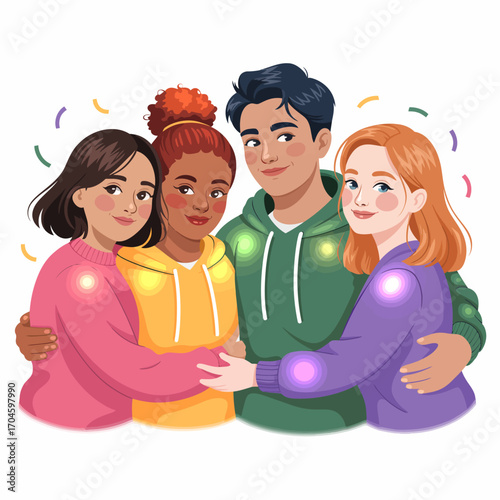 This lively illustration shows four joyful friends embracing each other, surrounded by confetti, exemplifying celebration, togetherness, and the essence of fun-loving friendships.