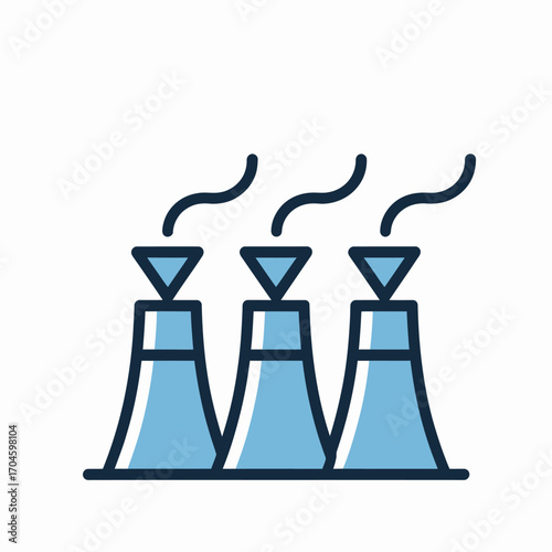 This minimalist illustration features cooling towers that symbolize the energy sector, depicting the equilibrium between industrial processes and environmental awareness in a clean design.
