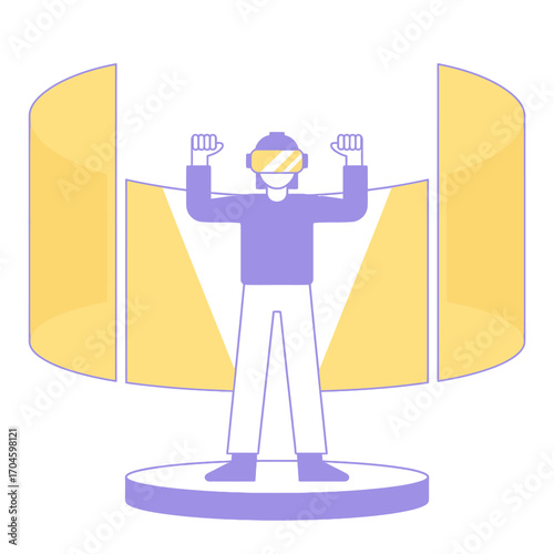 An enthusiastic individual wearing a VR headset raises their fists in the air, celebrating a virtual achievement, illustrating the power of technology in gaming.