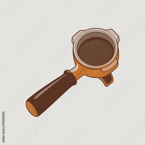A polished portafilter with a filter basket showcases the intricate details required for brewing espresso, celebrating the art of coffee preparation in modern cafes.
