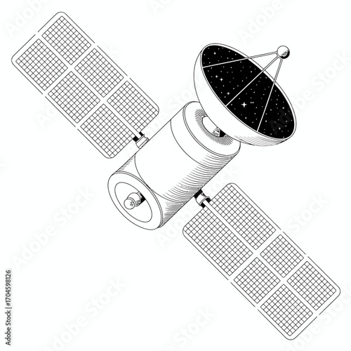 An elegant satellite with solar panels, showcased in an outline style, emphasizing the simplicity and functionality of space engineering and exploration.