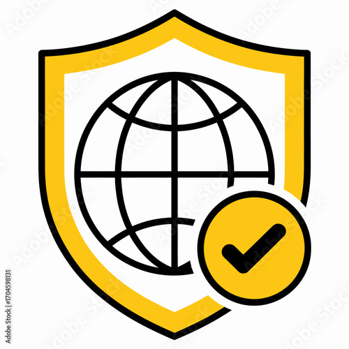 A yellow shield logo featuring a globe and a check mark symbolizing security and trust in digital spaces, representing online protection and user confidence.