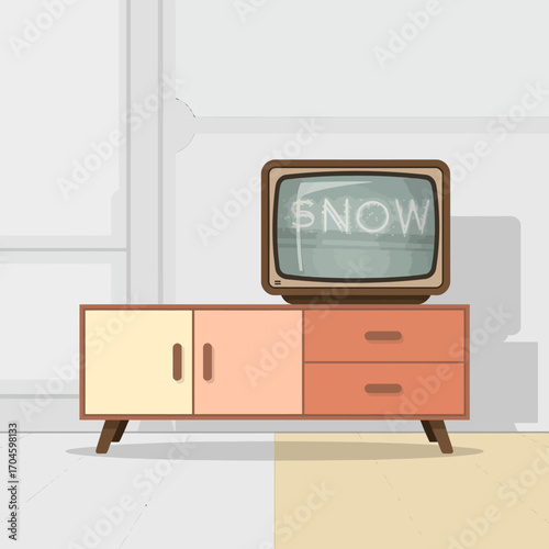 A vintage television on a stylish media console blends nostalgia with modern design, featuring pastel colors and a sleek retro look ideal for decor lovers.