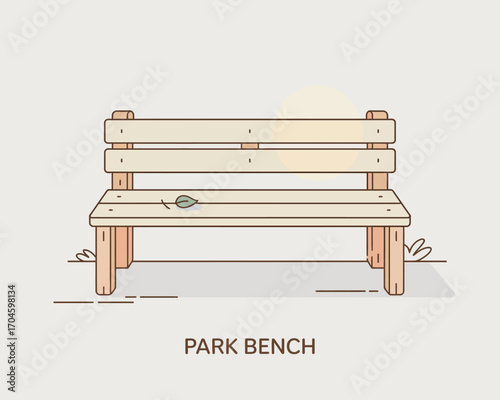 A beautiful wooden park bench with a single leaf resting on it, set against a soft background suggesting a serene outdoor atmosphere inviting relaxation and enjoyment.