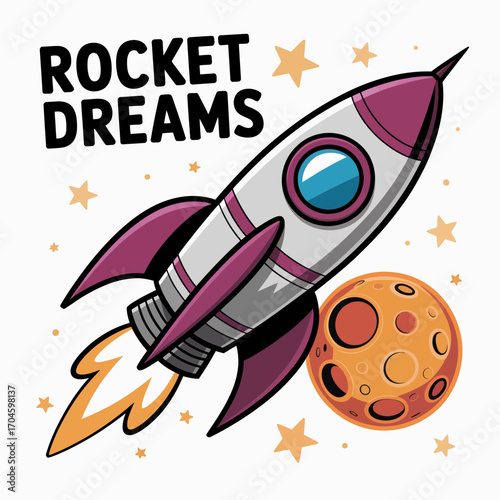 A stylish rocket, surrounded by stars, represents dreams and aspirations of space travel, capturing the sense of adventure and wonder in a contemporary design.