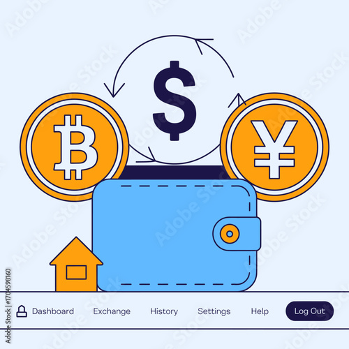 The image features a stylized digital wallet at the center, surrounded by various currency symbols, representing the dynamic nature of modern finance and currency exchanges vividly.