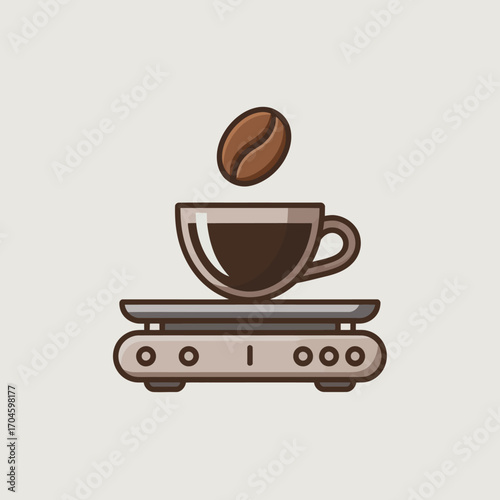 A stylish coffee cup placed on a digital scale, highlighting a coffee bean in mid-air, capturing a moment of brewing perfection and precision in coffee preparation.