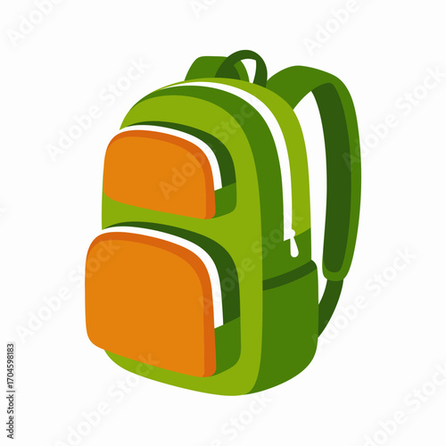 An illustration of a stylish green backpack with orange accents and dual zippers, representing practicality and adventure for students or travelers in modern settings.