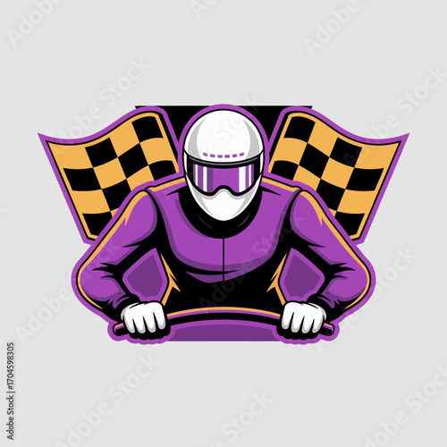A graphic illustration of a motor racing icon, complete with a driver and prominent chequered flags, portraying the essence of races and the excitement that motorsport brings.