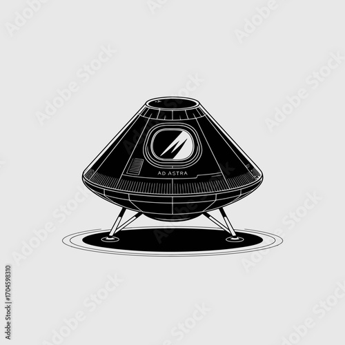 This artwork showcases a futuristic spacecraft emblazoned with the phrase 'AD ASTRA', symbolizing aspirations for human exploration and discovery beyond Earth.