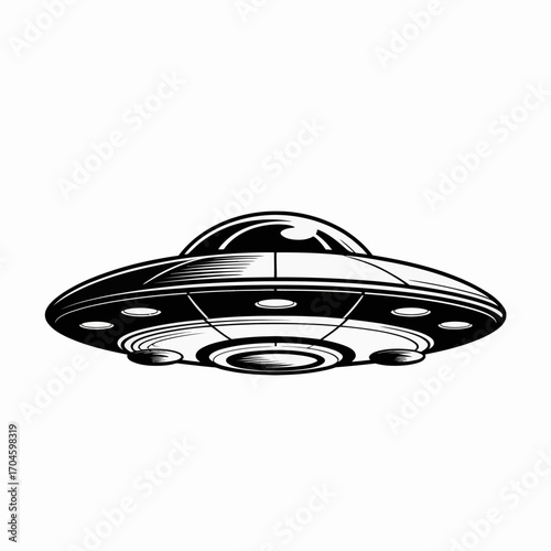This image showcases a classic flying saucer design with a sleek metallic surface, bright lights, and a retro futuristic style, perfect for themes of alien encounters.