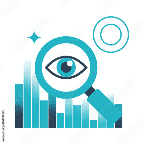 A stylish representation of a magnifying glass over data bars illustrates the analysis process, emphasizing clarity and insight in modern visual communication regarding information.