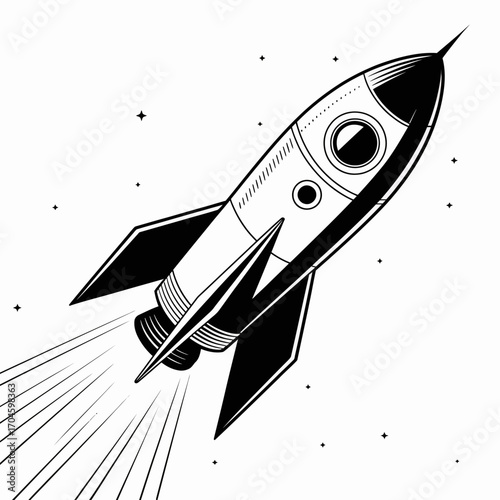 The image features a rocket soaring through the depths of space, surrounded by stars, capturing the essence of human curiosity and the exploration of the unknown universe.
