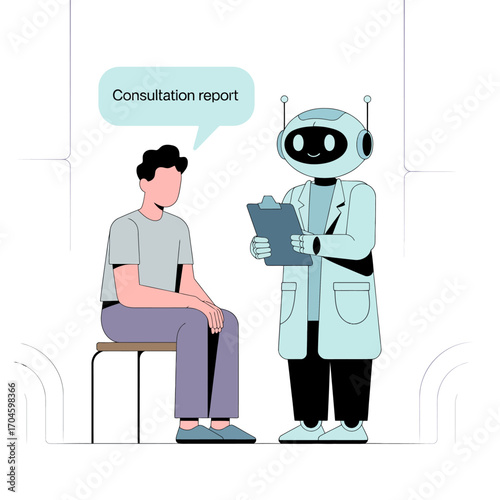 A robot in a lab coat holds a clipboard while consulting with a human patient, symbolizing the interface of technology and healthcare in modern medicine.