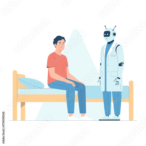 A benevolent robot doctor engages with a patient sitting on a bed, illustrating the future of healthcare where AI and compassion enhance the patient experience.