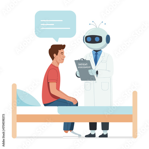 An illustrated scene depicting a robot doctor taking a patient’s assessment in a medical office setting, emphasizing the integration of technology in healthcare.