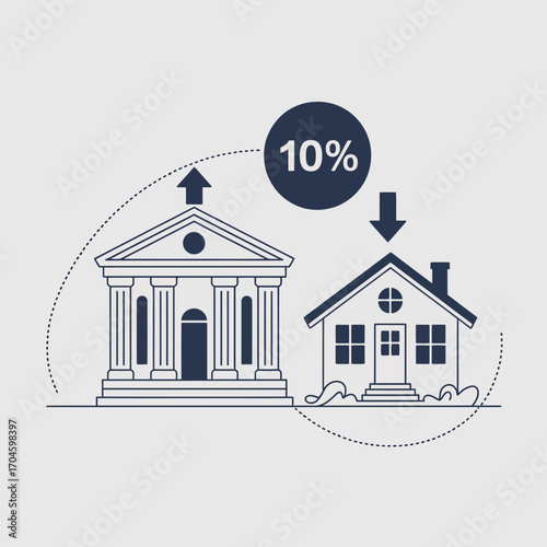 An elegant illustration of a bank and a house with review markers depicting changing financial values, showcasing the dynamics of investment in property and mortgages.