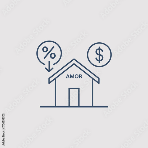 A creative depiction of a home icon featuring symbols of interest rate and the word 'AMOR' reflects the emotional aspects of home investment, love, and financial commitment in ownership.