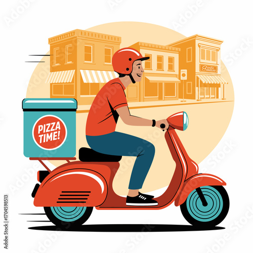 An energetic illustration depicts a pizza delivery rider on a scooter, zooming through the streets, showcasing the excitement and speed of timely pizza delivery.