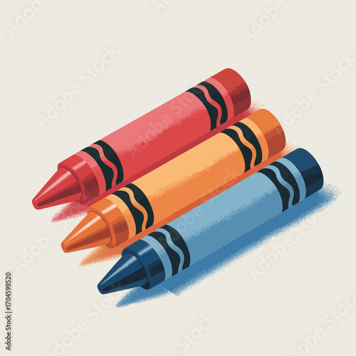 This image showcases three classic crayons in red, orange, and blue, perfectly highlighting their vibrant colors and timeless appeal for children’s art and creativity.