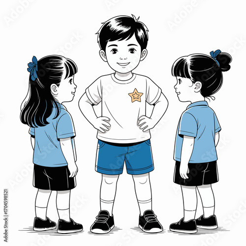 Two children stand confidently around a boy with a star shirt, symbolizing friendship, courage, and the importance of team spirit during their playful interactions.