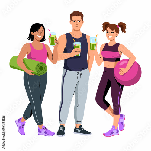 A lively group of three fitness enthusiasts holding refreshing green smoothies, showcasing a positive atmosphere and commitment to a healthy lifestyle in a gym setting.
