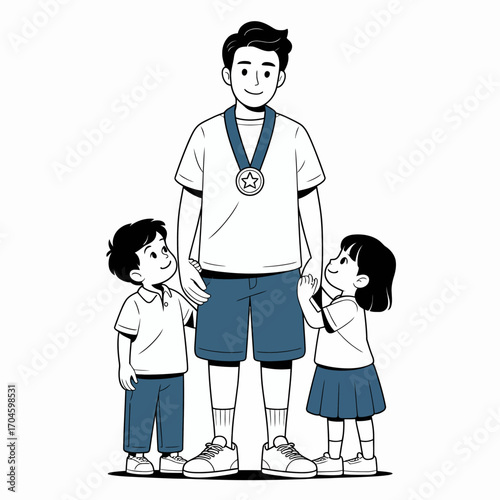 A tender moment featuring a child gazing at a mentor adorned with a medal, symbolizing achievement, admiration, and the inspiring bond formed through guidance and encouragement.