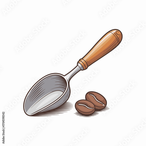 A stylish metal scoop is positioned next to fresh coffee beans, illustrating the essential tools utilized for brewing a perfect cup of coffee at home or in cafes.
