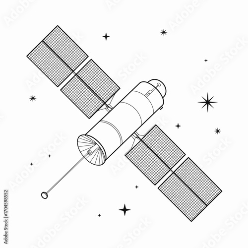 This illustration showcases a satellite orbiting in space, surrounded by stars, focusing on the technological and imaginative aspects of space exploration.