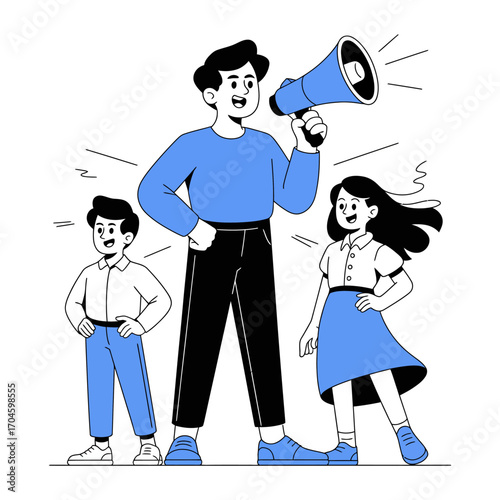 A confident adult speaker engages two children with a megaphone, fostering communication and excitement, promoting interaction and encouragement in a lively environment.