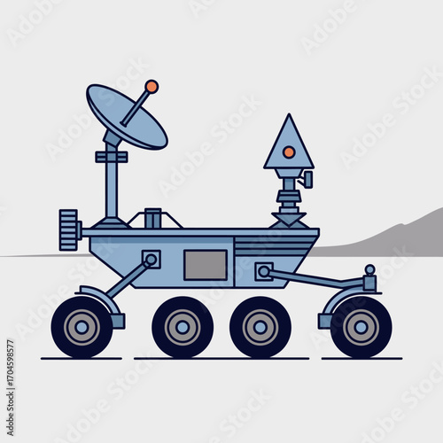 This image showcases a stylized rover equipped with unique tools for communication in a desolate environment, emphasizing exploration, technology, and planetary science beyond Earth.