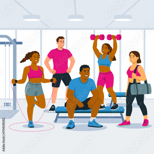 A vibrant scene of friends enjoying a fitness session, showcasing diverse exercises and the joy of working out together in a well-equipped gym environment.