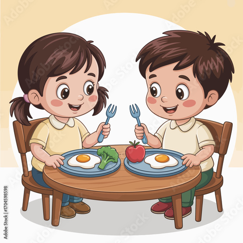 This delightful image captures two cheerful children seated at a table, excitedly ready to enjoy their healthy breakfast of eggs, vegetables, and fruits, promoting healthy eating habits.